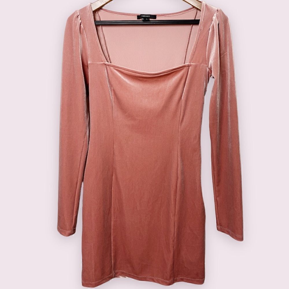 Forever 21 Velvet Long Sleeve Square Neck mini Dress Pink Small